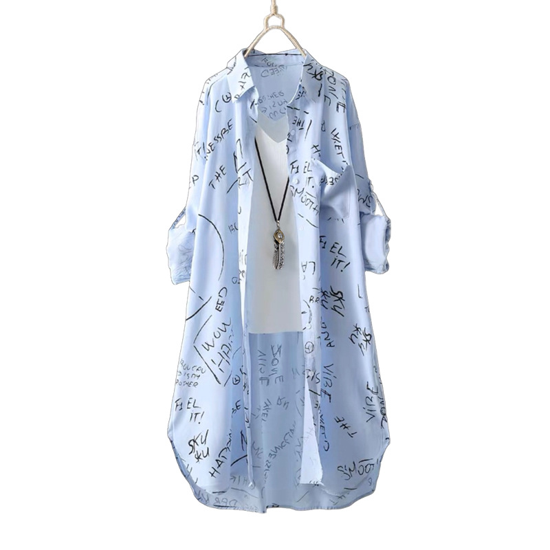 Chemise à manches longues pour femmes printemps et été lettre imprimée lâche protection solaire cardigan chemise haute manteau mince mi-long