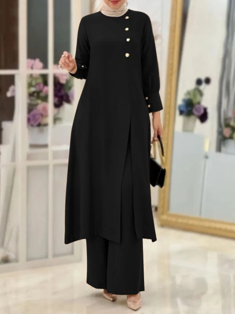 Ramadan femmes Eid musulman deux pièces Ensemble chemisier fendu et pantalon Musulman Ensemble bouton chemise pantalon correspondant ensembles Femme Abaya 2024