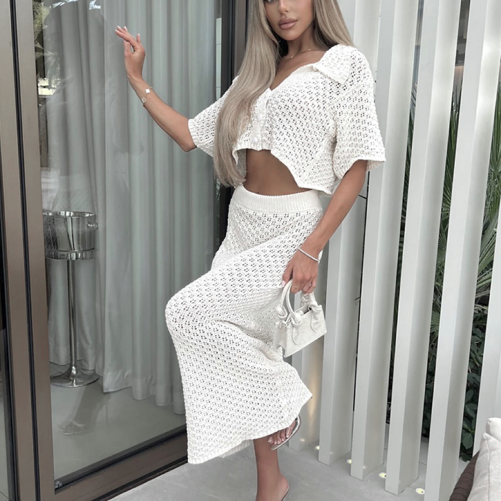 Femmes nouveau Style 2 pièces vêtements de plage couvrir couleur unie tricoté tenues ensemble vacances plage évider crème solaire haut jupe costume