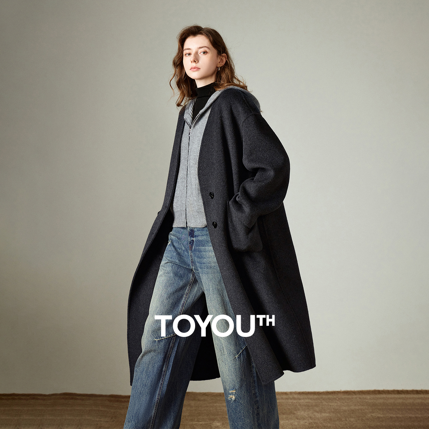 TOYOUTH femmes manteau en laine 2025 hiver nouveau col en V mi-long rétro femme pardessus veste Camel noir gris