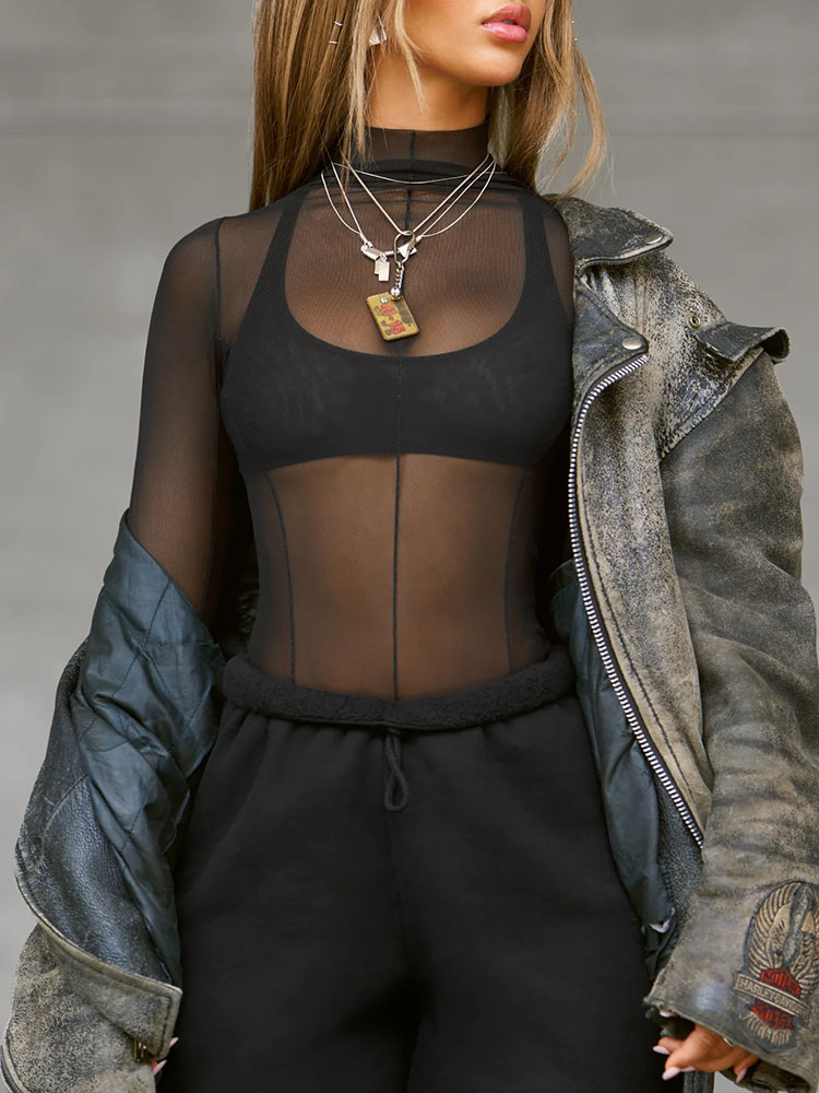 2025 automne nouvelle mode femmes hauts T-Shirt maille transparente à manches longues coupe ajustée col mi-haut haut Y2k femme vêtements