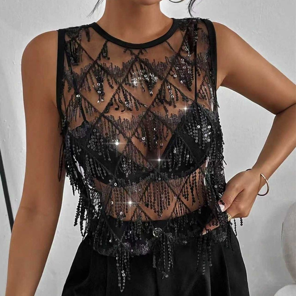 Débardeur court décontracté à franges et sequins, en maille transparente, coupe ample, brodé, sans manches, style streetwear