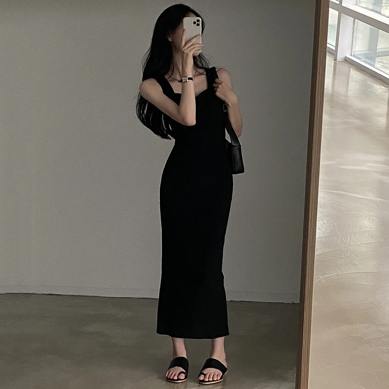 Myufon – robe longue en tricot basique, mode coréenne, col carré, sans manches, robes d'été décontractées pour femmes, Y2k, Vintage, tenues assorties avec tout