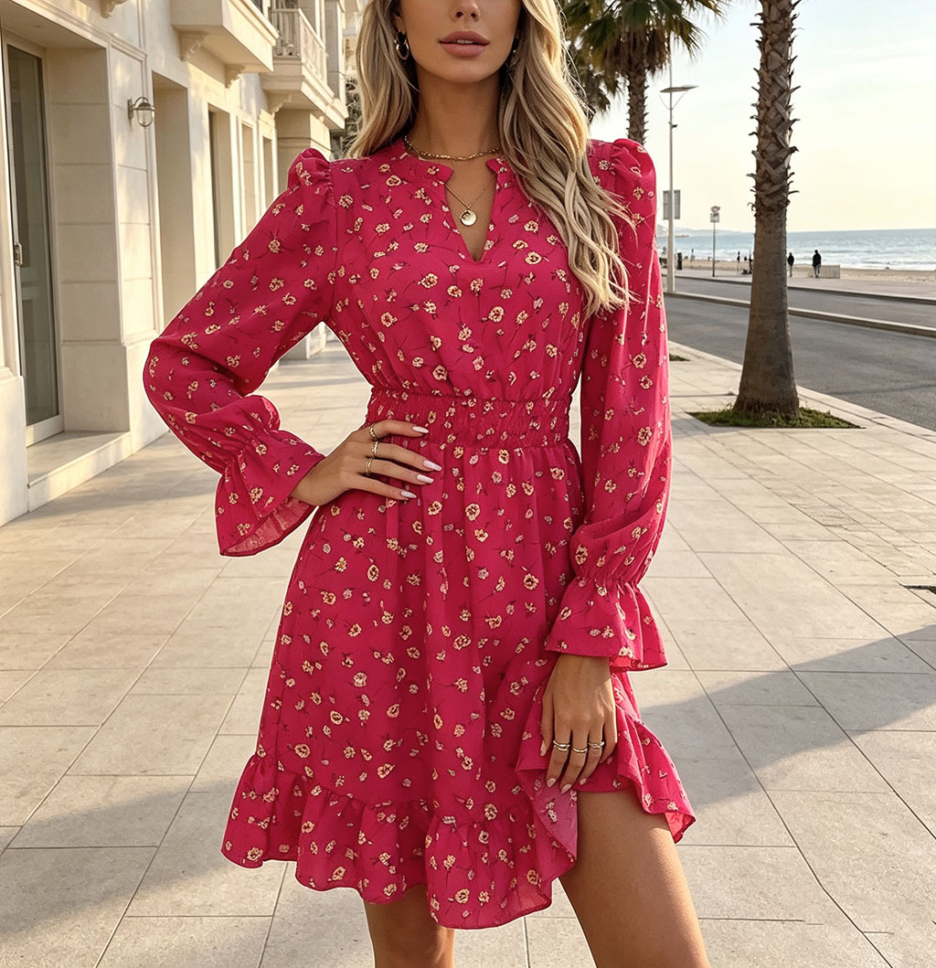 Mini robe à imprimé floral pour femmes, col en V, manches longues à volants, taille élastique, robe courte en mousseline, robe d'été décontractée pour les vacances à la plage