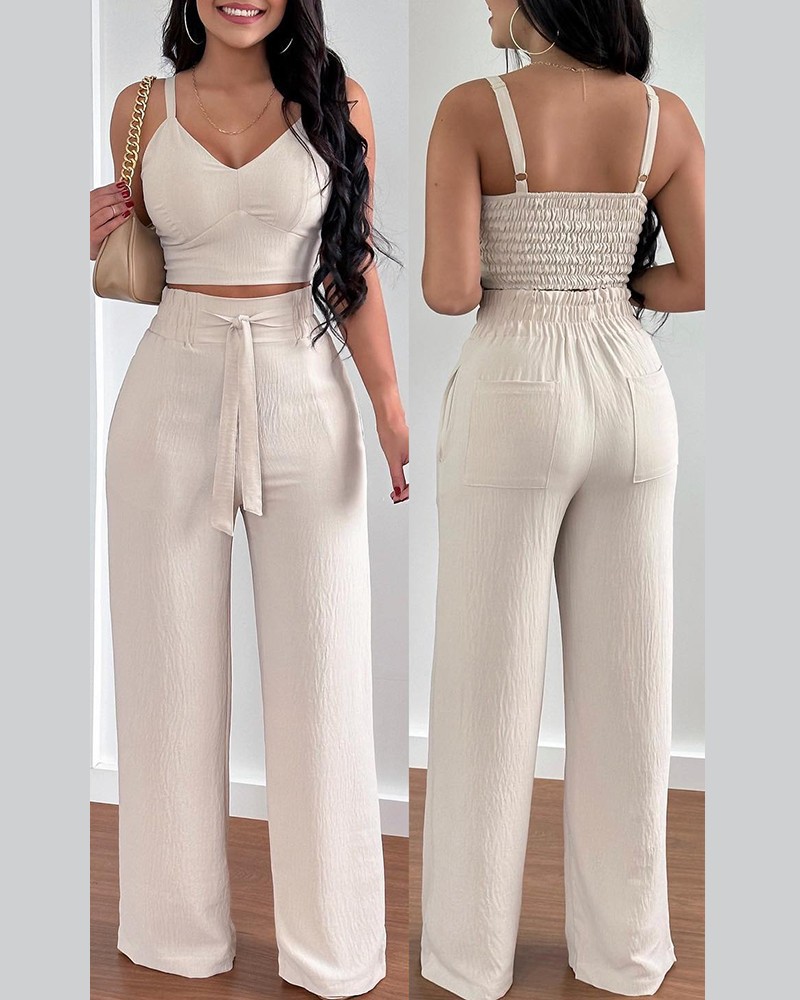 Tenue 2 pièces pour femmes, Sexy, col en v, bretelles froncées, Slim, haut court et pantalon à jambes larges, à lacets, costume de bureau élégant, 2025