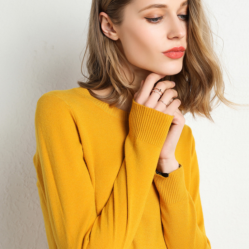 Pull Slim à col rond pour femme, couleur unie, mélange de laine et cachemire, chemise à manches longues en tricot, grande taille, automne et hiver