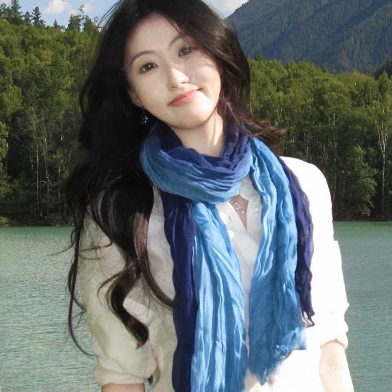 Écharpe en coton et chanvre pour femmes, foulard froissé, Long plissé, dégradé de couleur, châle doux, teinture par nouage, foulard en lin, Long Hijab, hiver