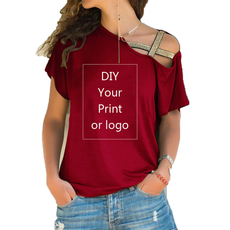 Impression personnalisée T-shirt pour femmes bricolage votre comme Photo ou Logo haut T-shirt Femme irrégulière biais croix pansement taille S-5XL t-shirts