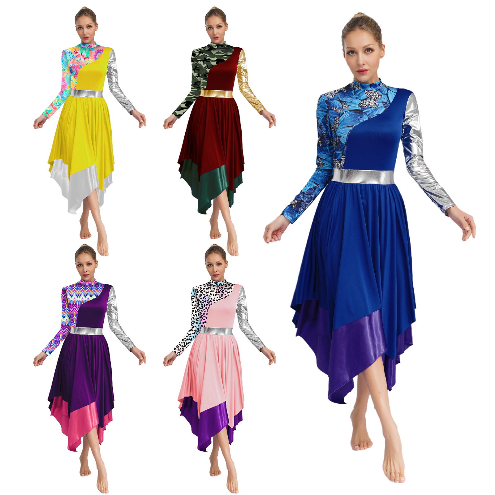 Robes de louange liturgiques pour femmes, imprimé élégant, vêtements de danse lyrique de Ballet irrégulier, manches longues, Costume de spectacle de chorale de culte