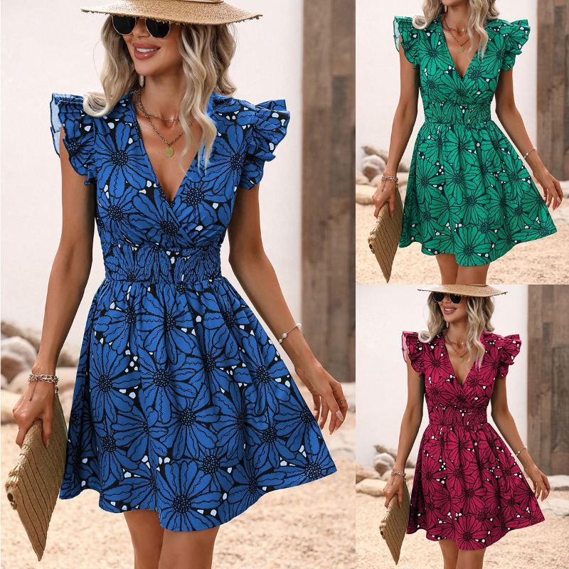 Robe trapèze élégante à imprimé floral pour femmes, robes de vacances, col en V, fibre chic