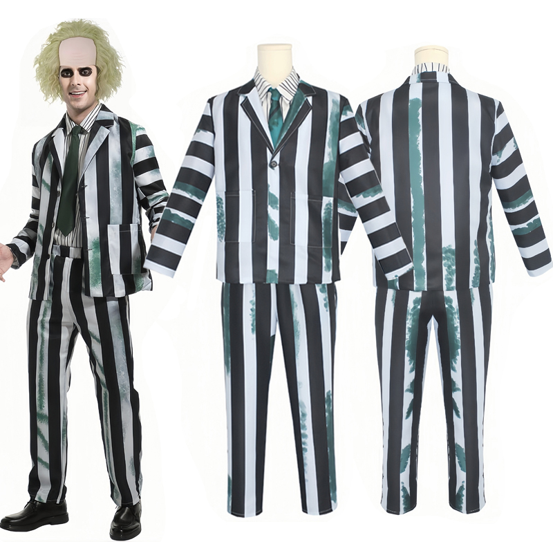 Costume à rayures noires et blanches pour hommes adultes, imbibé de perruque, Halloween Cosplay, tenue de fête, film d'horreur Rick