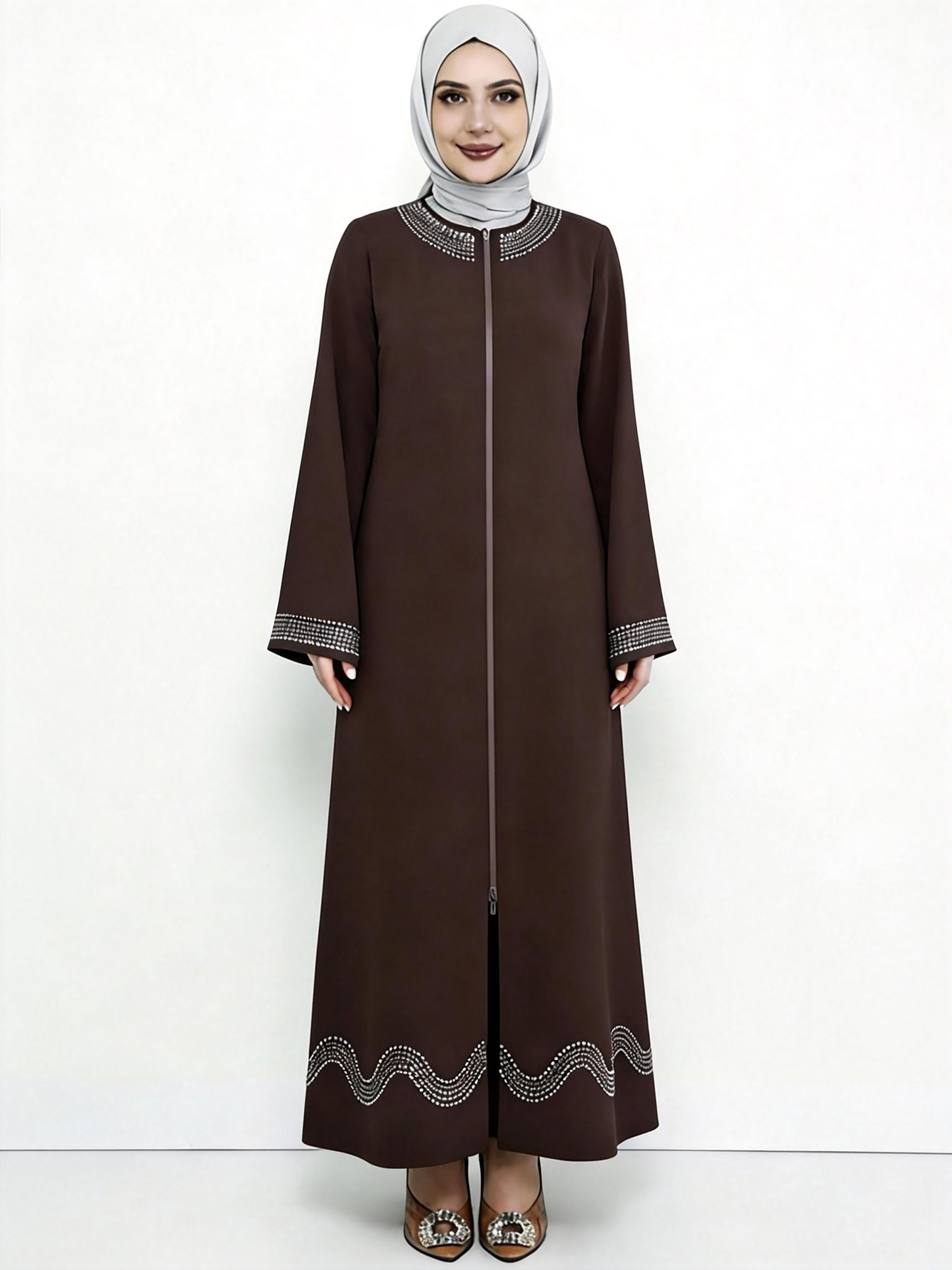 Robe arabe élégante, robe longue à manches longues avec strass, couleur unie, mode féminine du Moyen-Orient