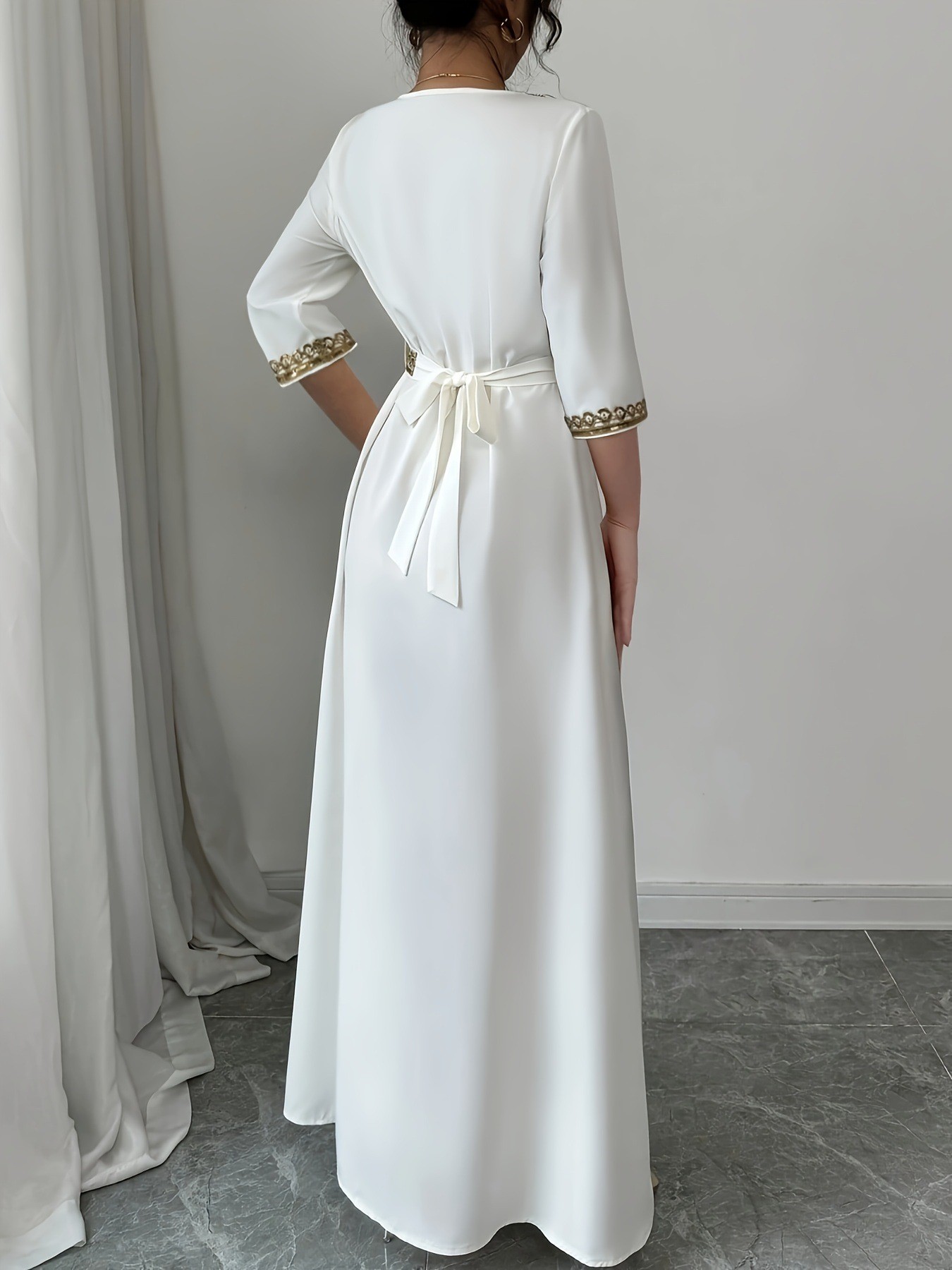 Robe Kaftan Abaya pour femme, vêtements de printemps pour femme, robe maxi élégante à col en V, manches trois quarts, polyester, coupe ample, fluide