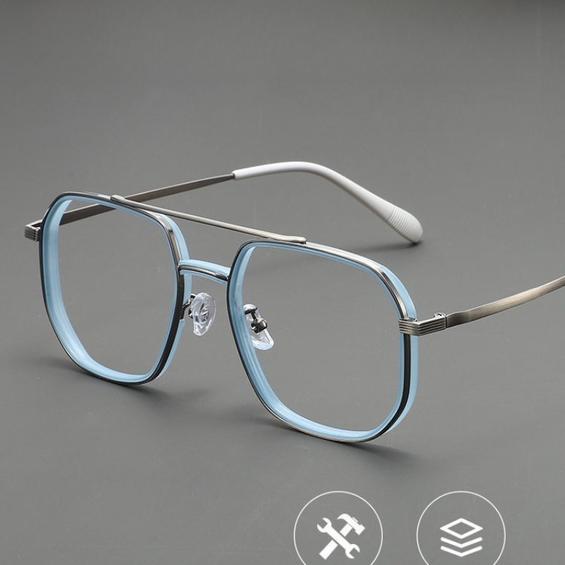 Lunettes de pilote unisexe style steampunk en métal, monture carrée polygonale, anti-lumière bleue, pour ordinateur, verres transparents, double pont
