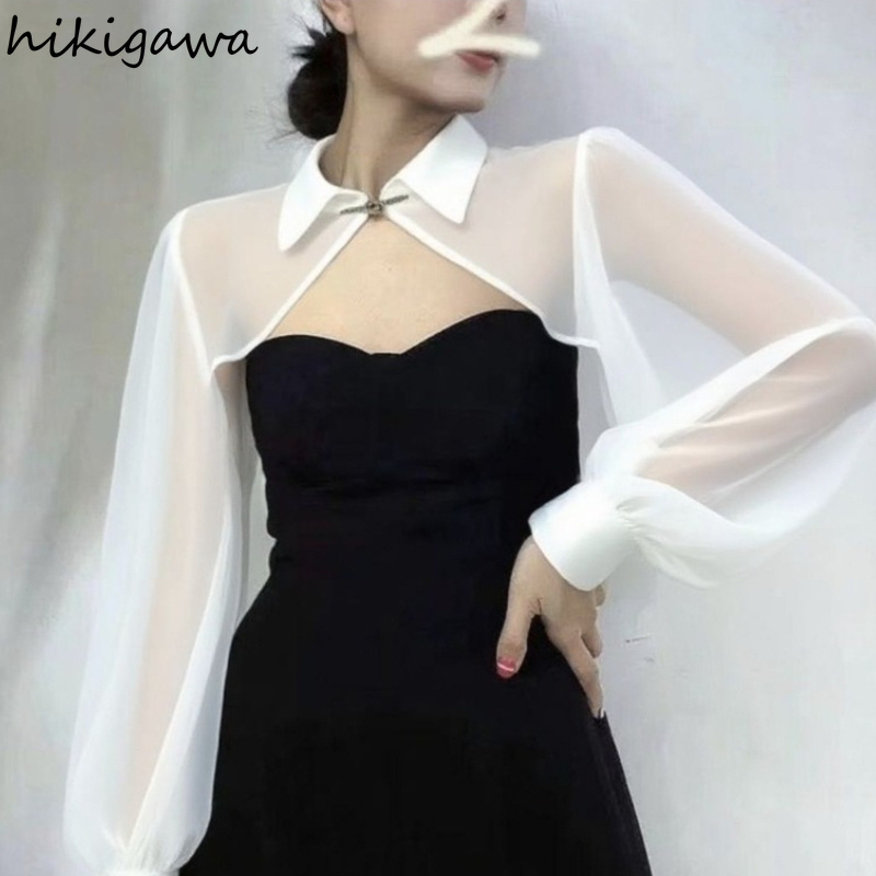 2026 Blouses Femme Tendance d'Été, Vêtements Féminins, Crop Tops, Chemises Chic Transparentes à Manches Longues, Blouse Chiffon Style Châle