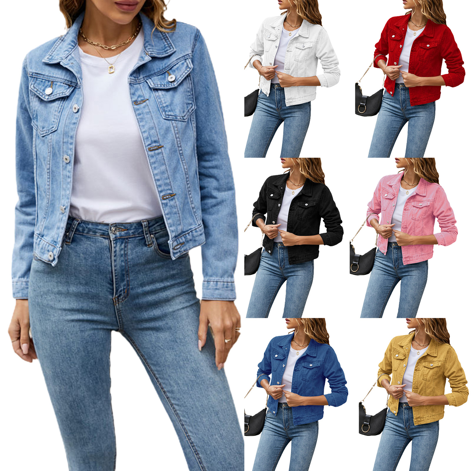 Vestes en Jean pour femmes, mode femme décontractée, manches longues, revers solide boutonné, poche poitrine, veste en Jean Slim, manteau d'automne et d'hiver
