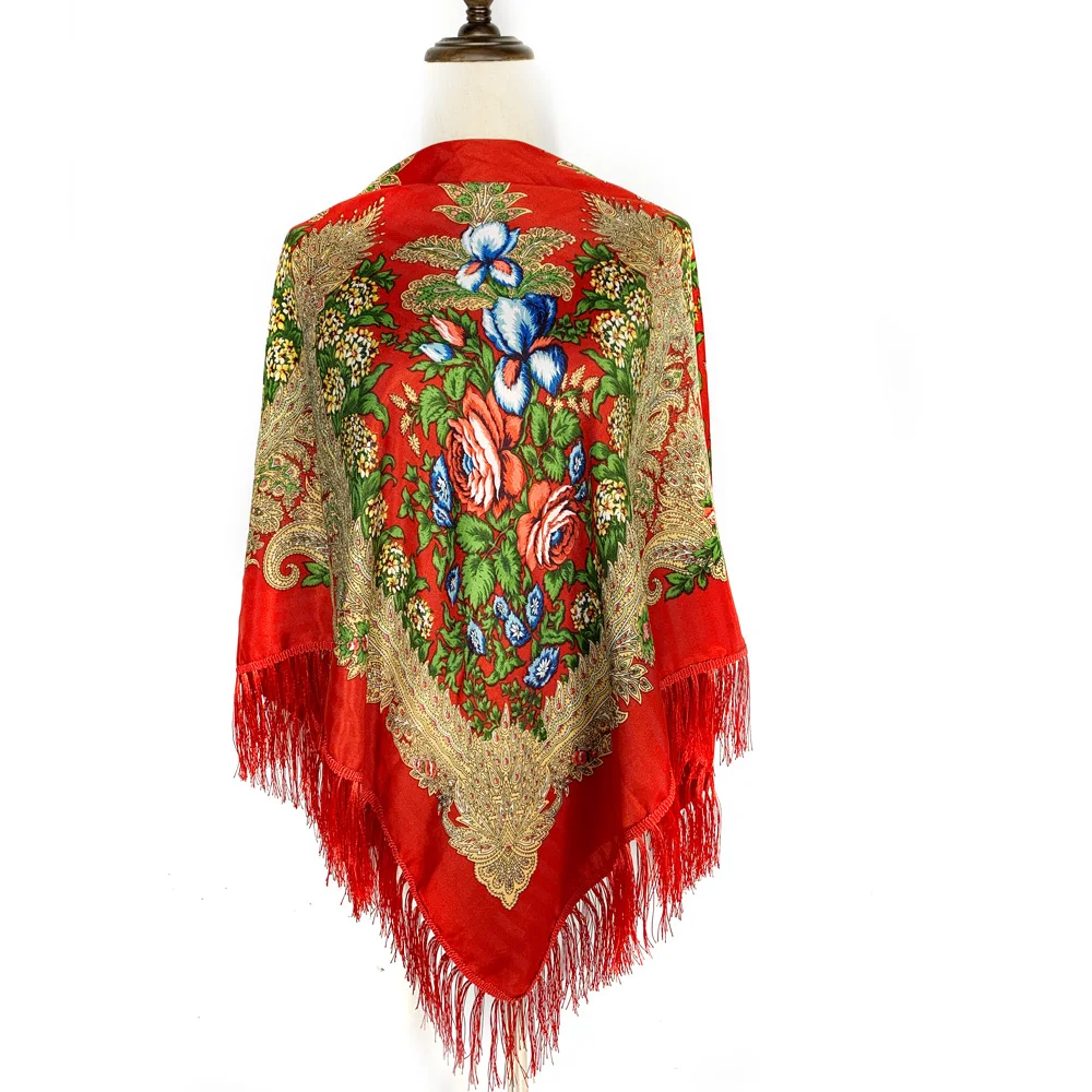 Foulard Carré de Luxe de Style Ethnique Russe pour Femme, Châle à Franges, Bandana, 130x130cm