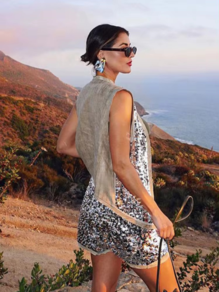 MUJER 2025 paillettes gilets ouverts pour femmes paillettes gilet sans manches femme été gilet gilet haut femmes mode luxe dame gilets