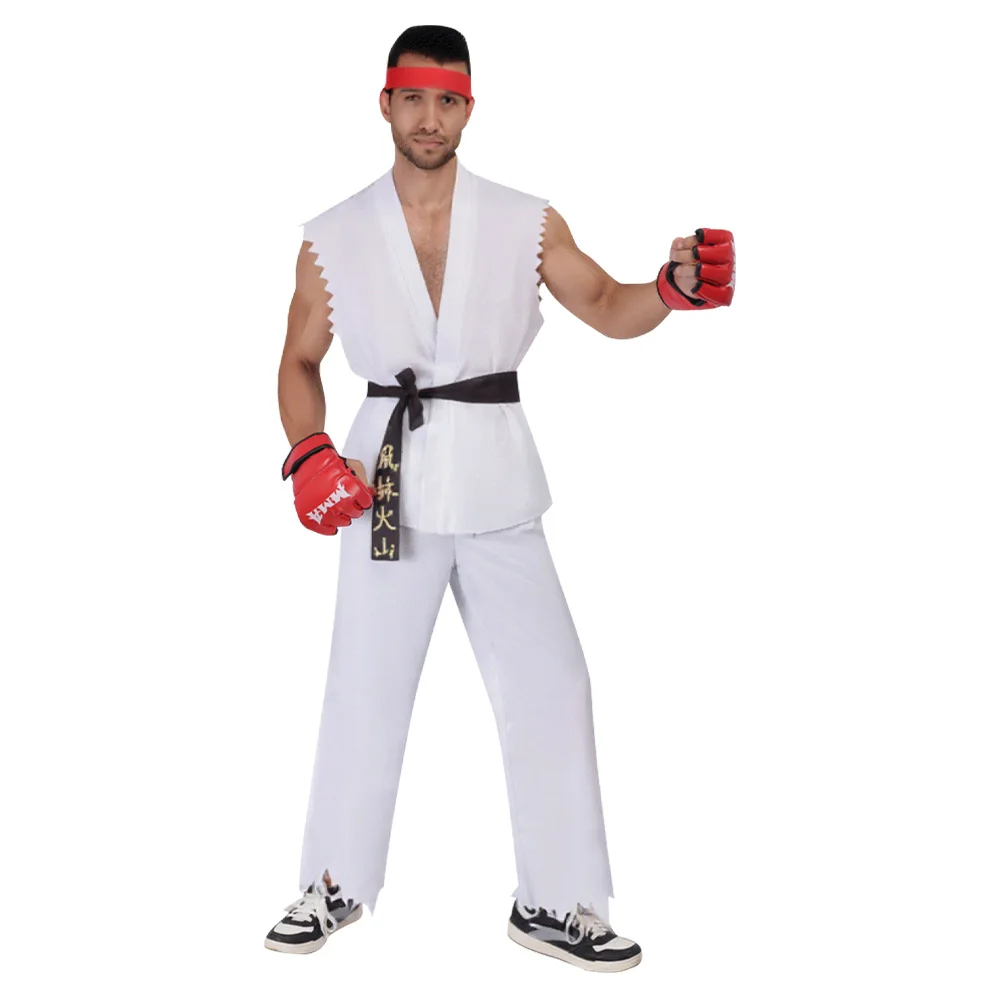 Uniforme d'arts martiaux blanc et rouge pour hommes, avec ceinture, Costume de Cosplay Ryu Ken, tenue inspirée de Street Fighter pour Halloween, mascarade, Fan