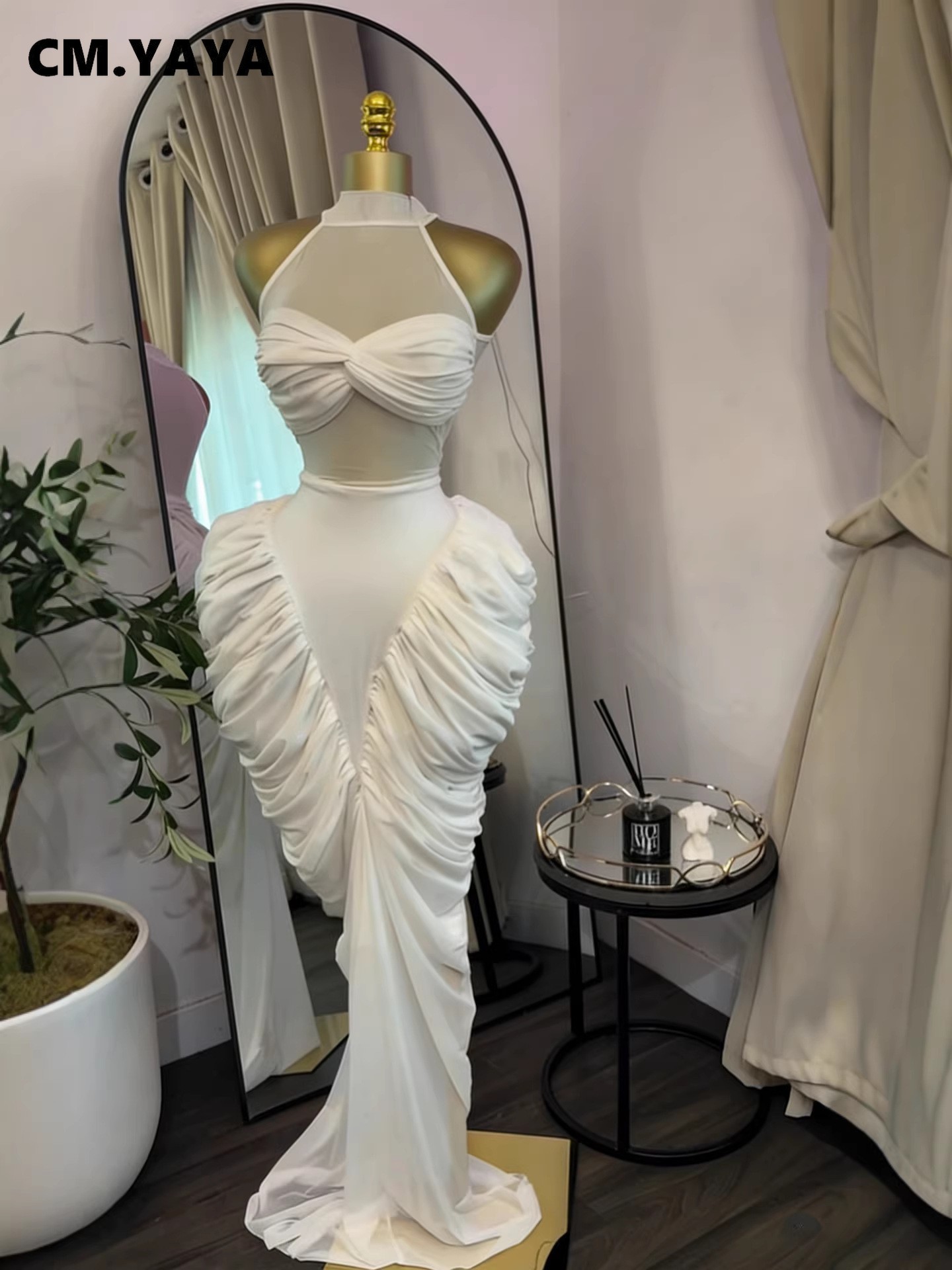 CM.YAYA Robe longue maxi smockée sans manches pour femme, avec patchwork, fronces et lacets, idéale pour les vacances, les soirées et les anniversaires - Vestidos
