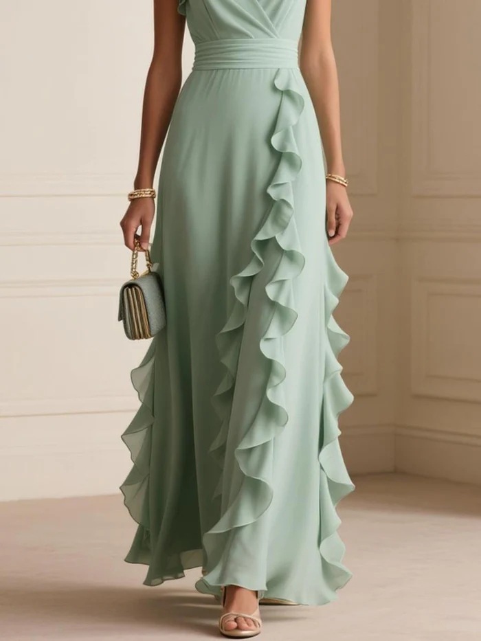 Robe de soirée longue pour femme, sans manches, à volants, coupe A-line, col en V, taille cintrée, plis, robe maxi, été 2026, Vestidos