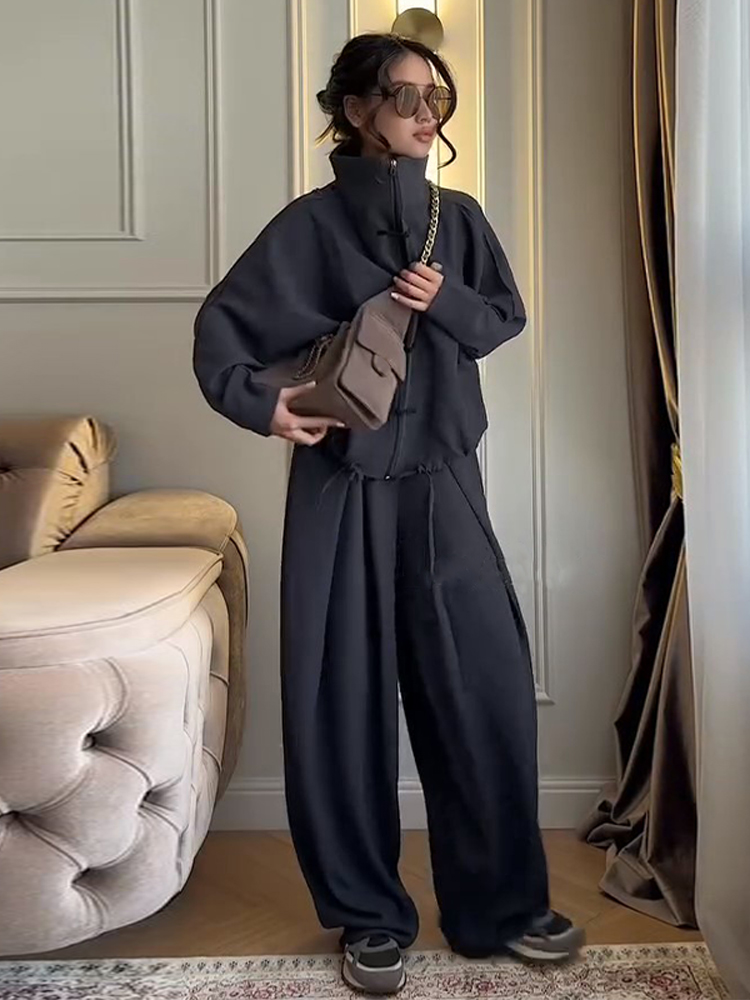 Ensemble pantalon deux pièces pour femme : Veste à boutons grenouille et pantalon large drapé à cordon de serrage – Vêtements femme printemps-été