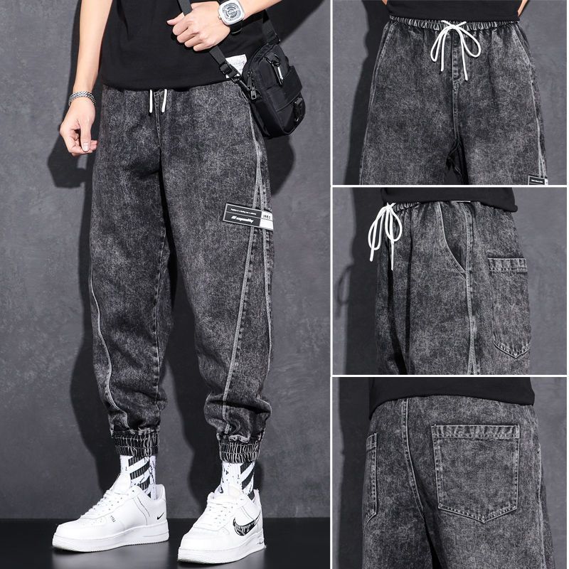 Jean en Denim ample à taille élastique pour hommes, mode décontractée, vêtements de travail de printemps, pantalon noué au pied avec marque, vêtements de travail, Baggy, 2024