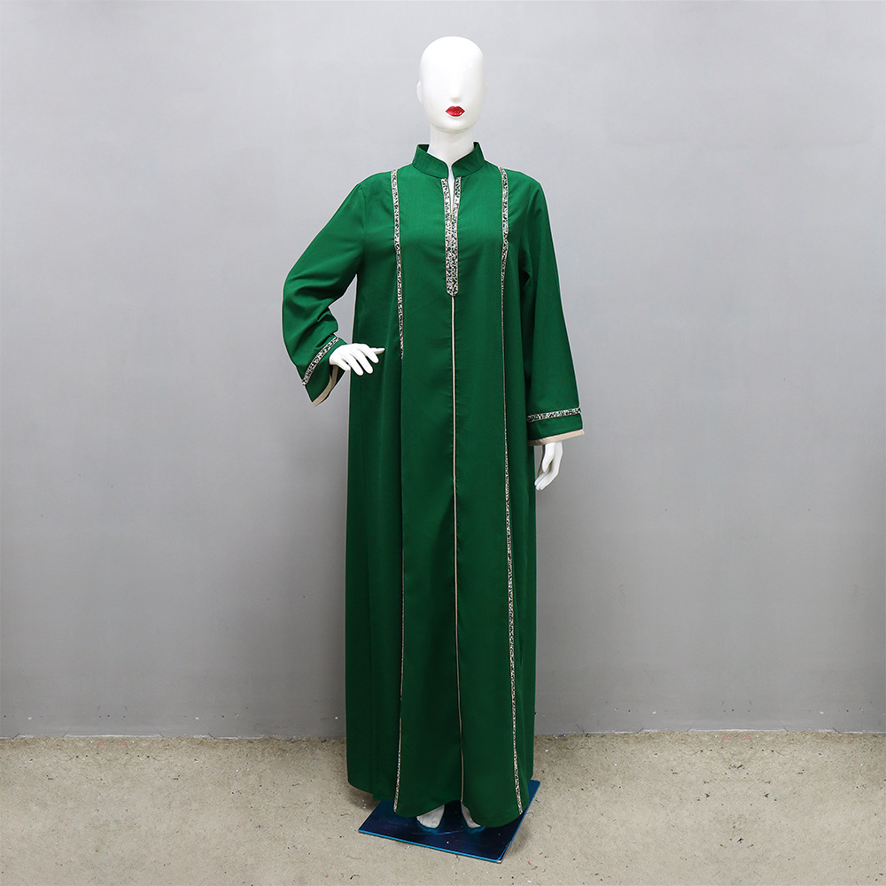 Robe Abaya Marocaine pour Femme, Maxi Robe à Col Montant et Manches Longues, Coupe Ample, avec Bordure Diamantée, Automne 2026, Style Oman, Turquie, Dubaï, Robe Musulmane