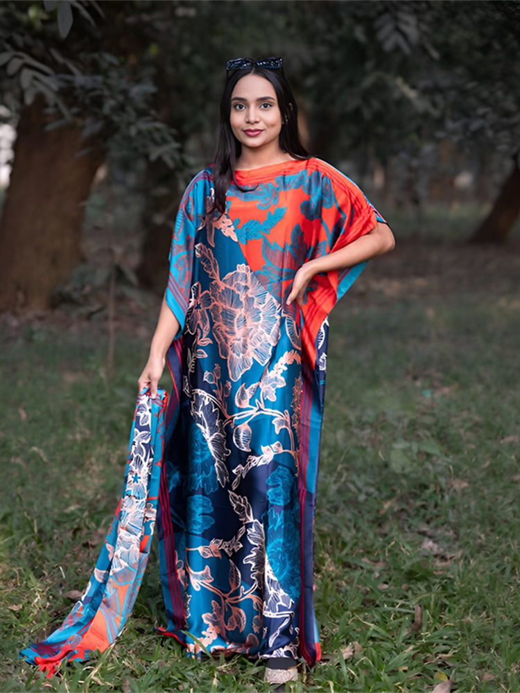 Abayas musulmanes pour femmes, en soie imprimée, douce, ample, élégante, Maxi, robes de soirée avec ceinture, Turban, nouvelle collection 2025