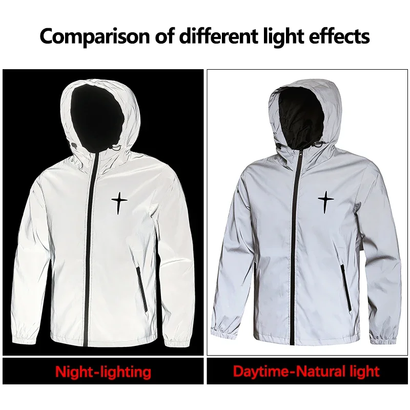 Veste réfléchissante de nuit pour hommes, manteaux à capuche coupe-vent imprimés croisés, Streetwear, cyclisme en plein air, survêtement, vêtements d'extérieur de sécurité