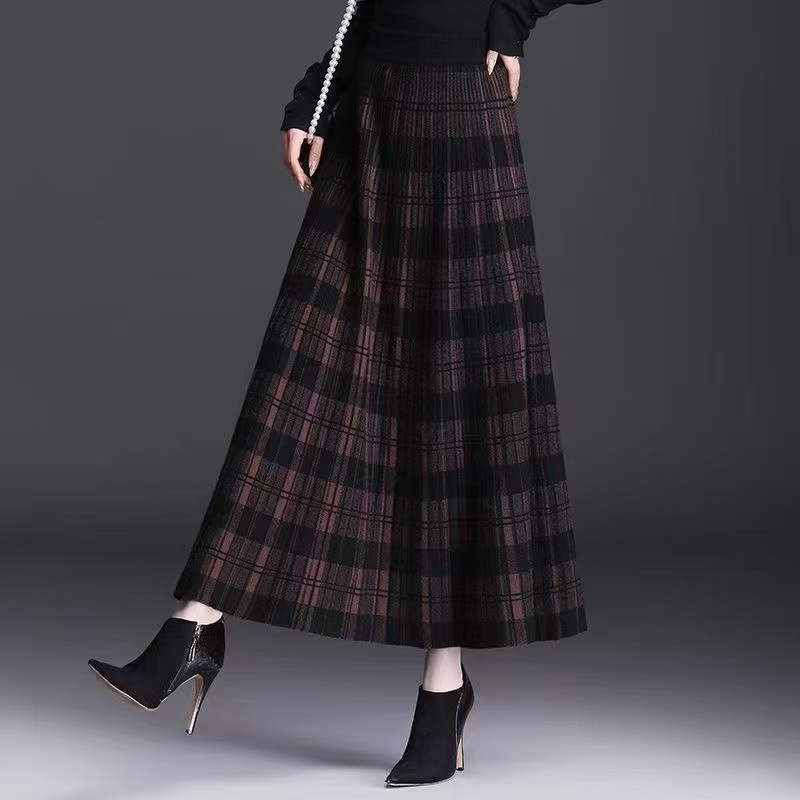 Jupe longue en tricot à carreaux pour femme, taille haute élastique, coupe A-line, épaisse, pour l'automne et l'hiver