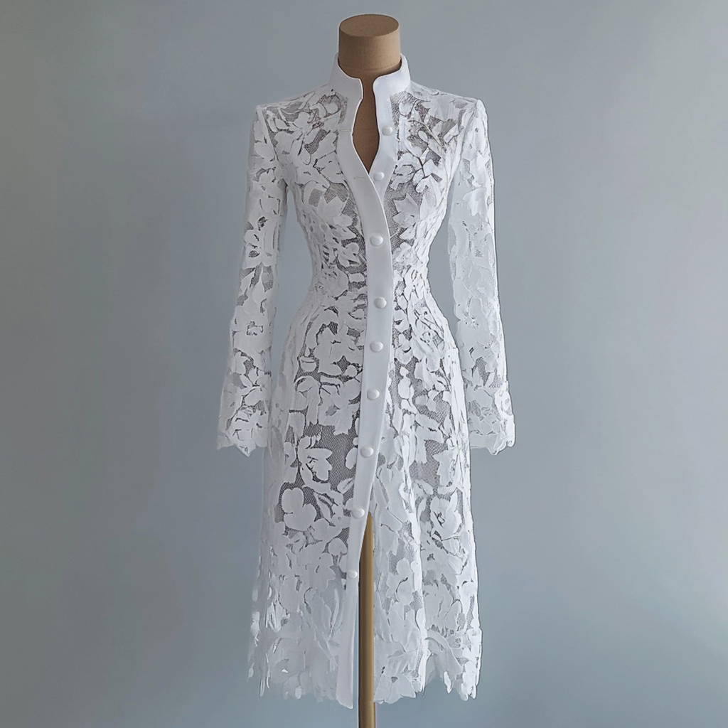 Robe en dentelle pour femme, col montant, simple boutonnage, manches longues, style manteau, longueur midi, transparente, élégante et raffinée, pour l'automne