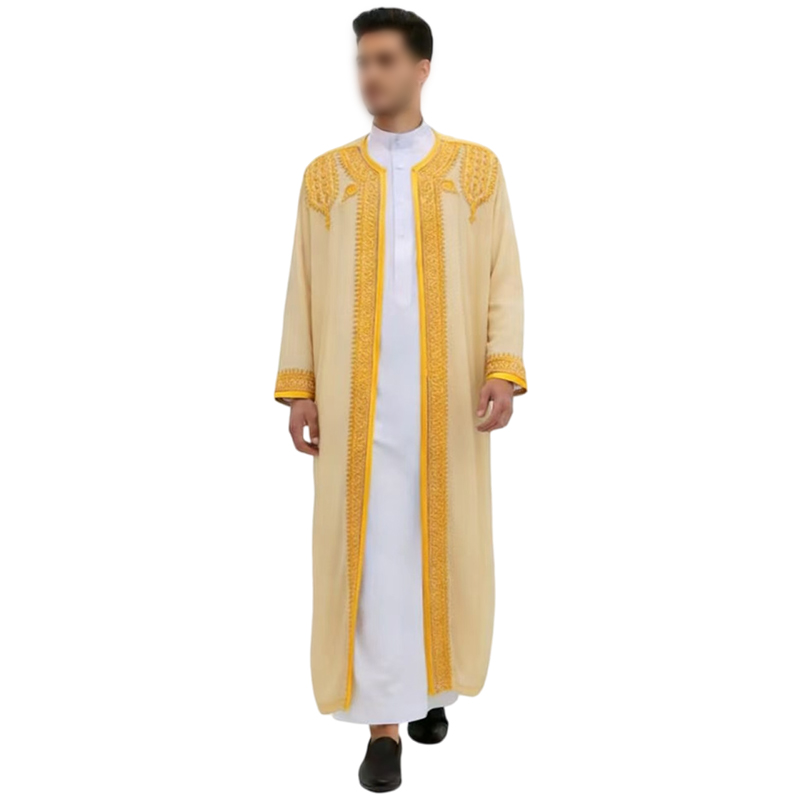 Robes islamiques musulmanes pour hommes, robe arabe, broderie dorée, manches longues, thobe, robes amples, kaftan, chemise, haut, style Dubaï, Arabie Saoudite