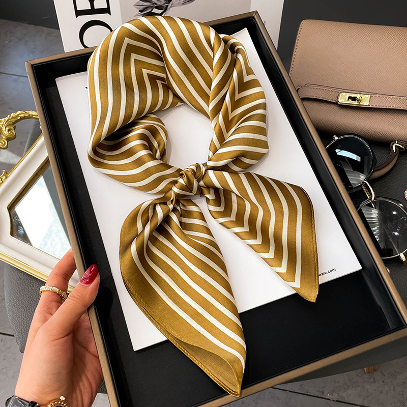 Foulard carré en soie à rayures géométriques pour femmes, 70x70, Simple, cadeaux, bandeau en Satin de haute qualité, châle, foulards de cou