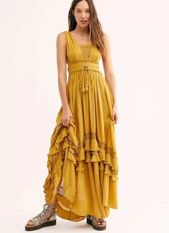 Canwedance été robe de plage sans manches coton Maxi robes Style Boho couleur unie dentelle à volants robe d'été Mujer robes