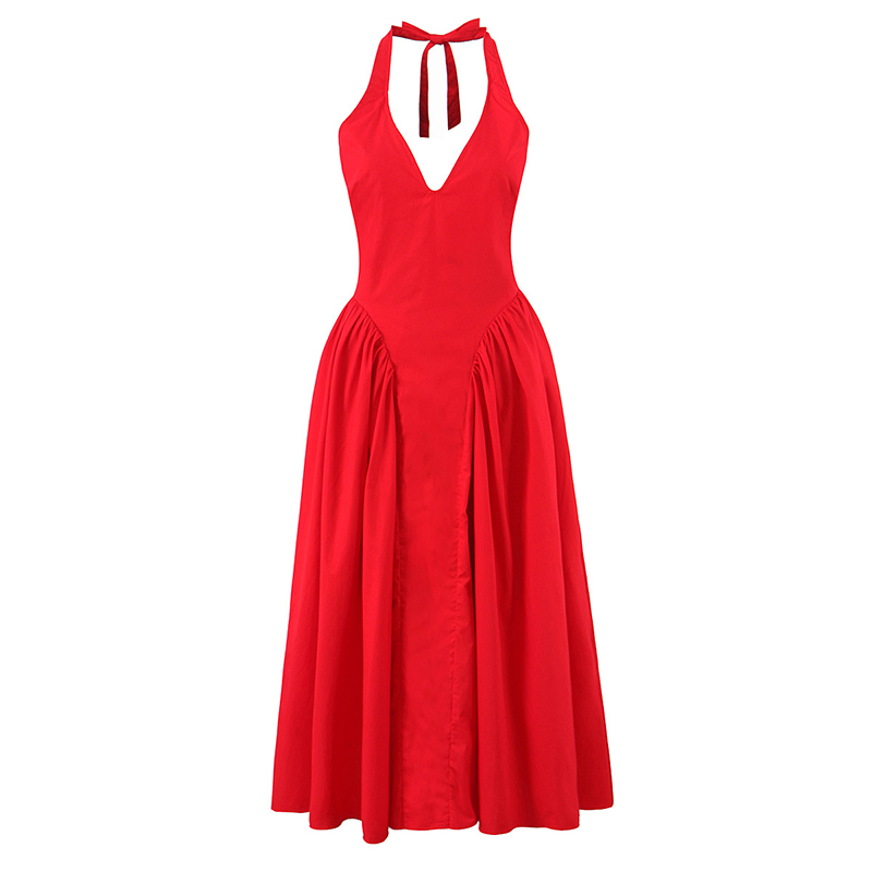 YENKYE rouge élégant mince robes de soirée femmes Sexy dos nu taille basse a-ligne Midi longue Robe licou Robe en coton