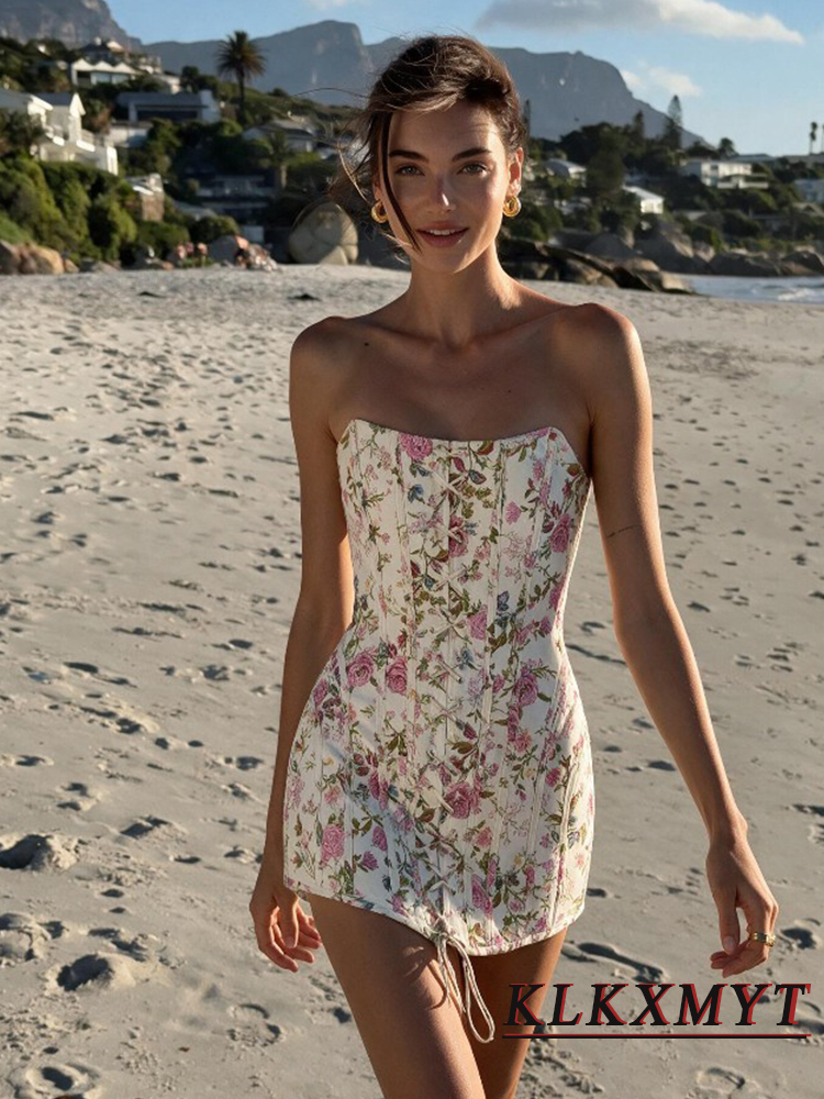 Robe sans bretelles à imprimé tendance pour femmes, robe sexy sans manches, dos nu, à lacets sur le devant, élégante et chic, robe midi pour les vacances d'été