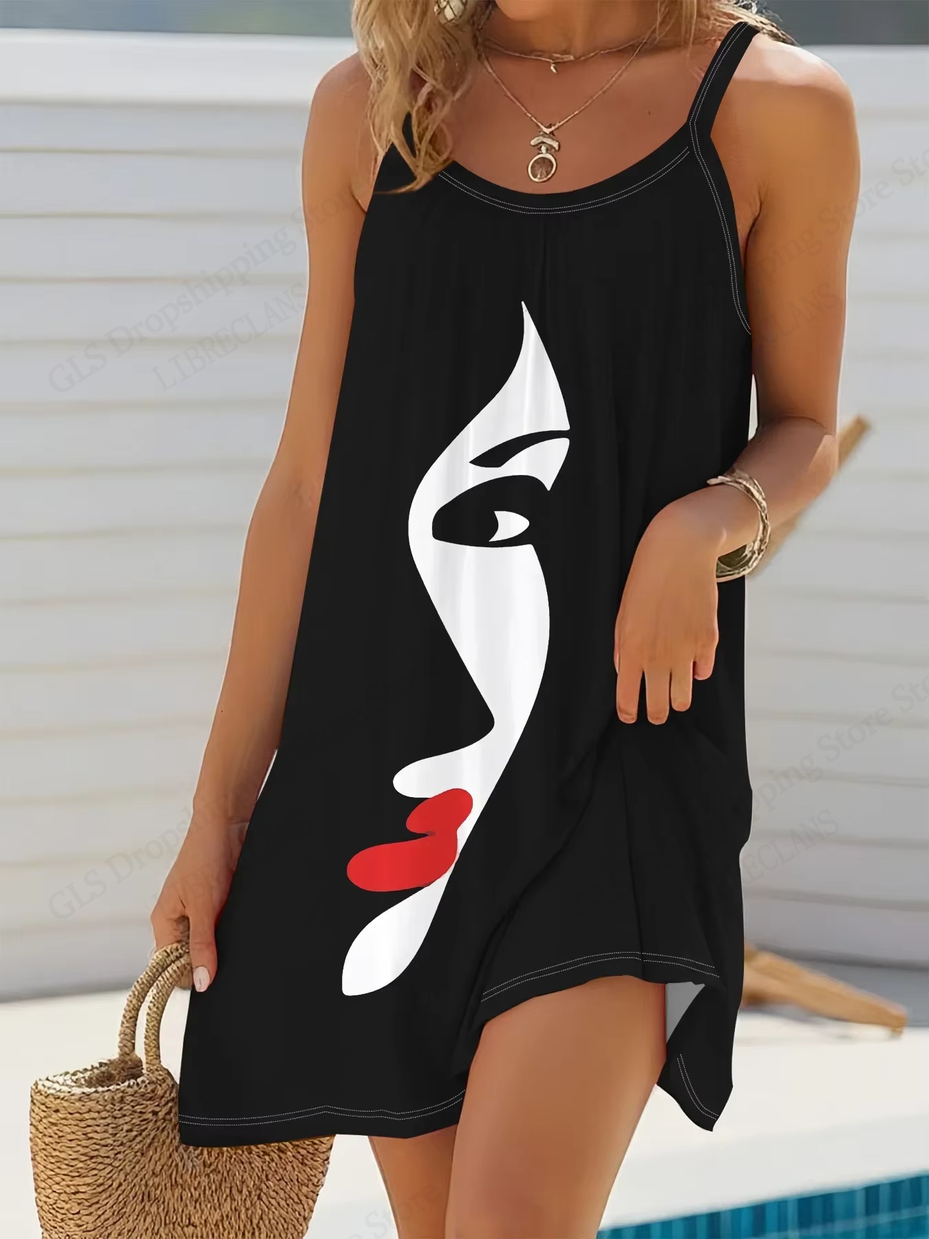 Nouvelle robe africaine à imprimé visage pour femme, mini-robe d'été à fines bretelles, style bohème, sans manches, pour la plage ou les fêtes