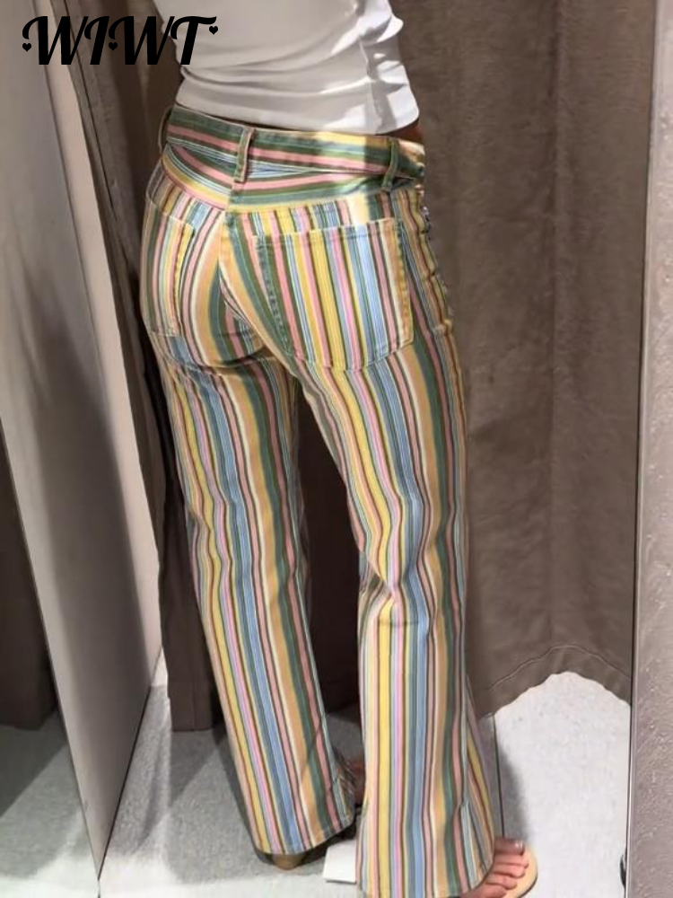 Jean rayé coloré 2026 Nouveau pantalon en denim long décontracté pour femme à taille basse, coupe large et poches contrastantes