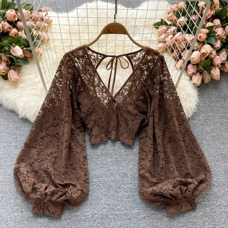 Frenchic-Chemisier en dentelle au crochet pour femme, col en Y transparent, manches lanterne, dos nu, à lacets, chemisier élégant pour femme, livraison directe, sexy