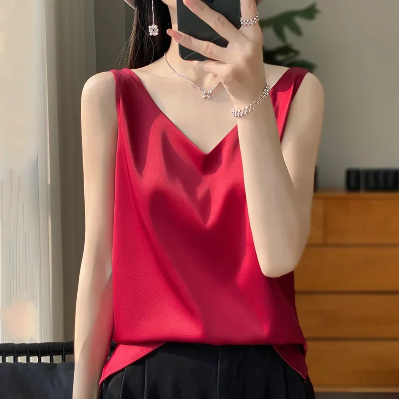 Camisole en soie glacée pour femmes, col en v, débardeur en Satin blanc, mûrier, haut court d'été pour dames, chemisier sans manches solide