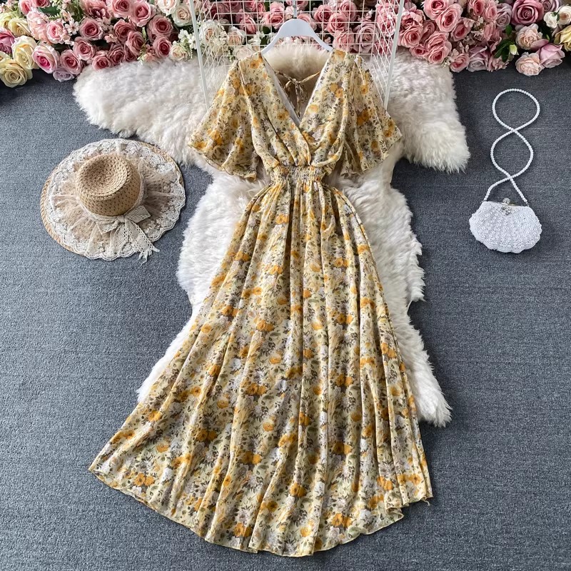 Robe longue en mousseline de soie à imprimé floral bohème pour femmes, robe de plage sexy à col en V et manches courtes, robe d'été pour les vacances, Vestidos
