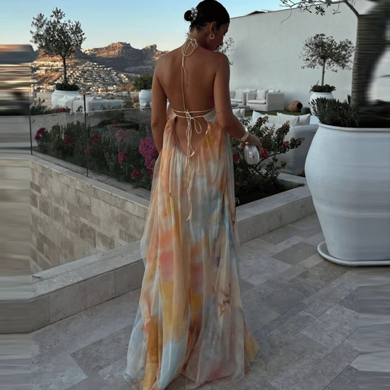 Robe bohème ample imprimée pour femmes, motif à la mode, Sexy, dos nu, ajourée, robe de soirée élégante, col licou, sans manches, longue robe de vacances
