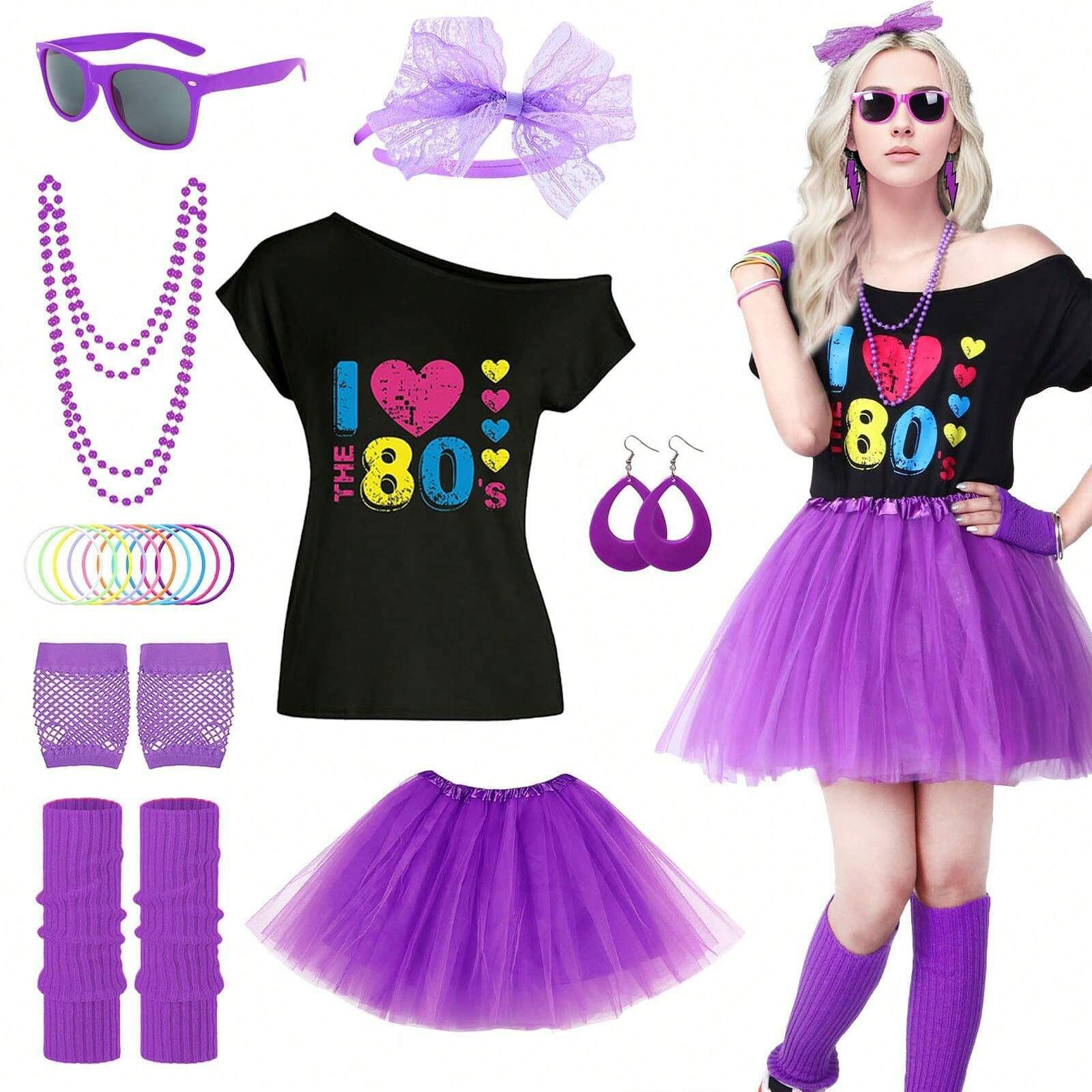 Ensemble de costumes pour femmes des années 80, t-shirt à épaules dénudées, jupe tutu, accessoires, tenue néon pour les soirées rétro, Halloween