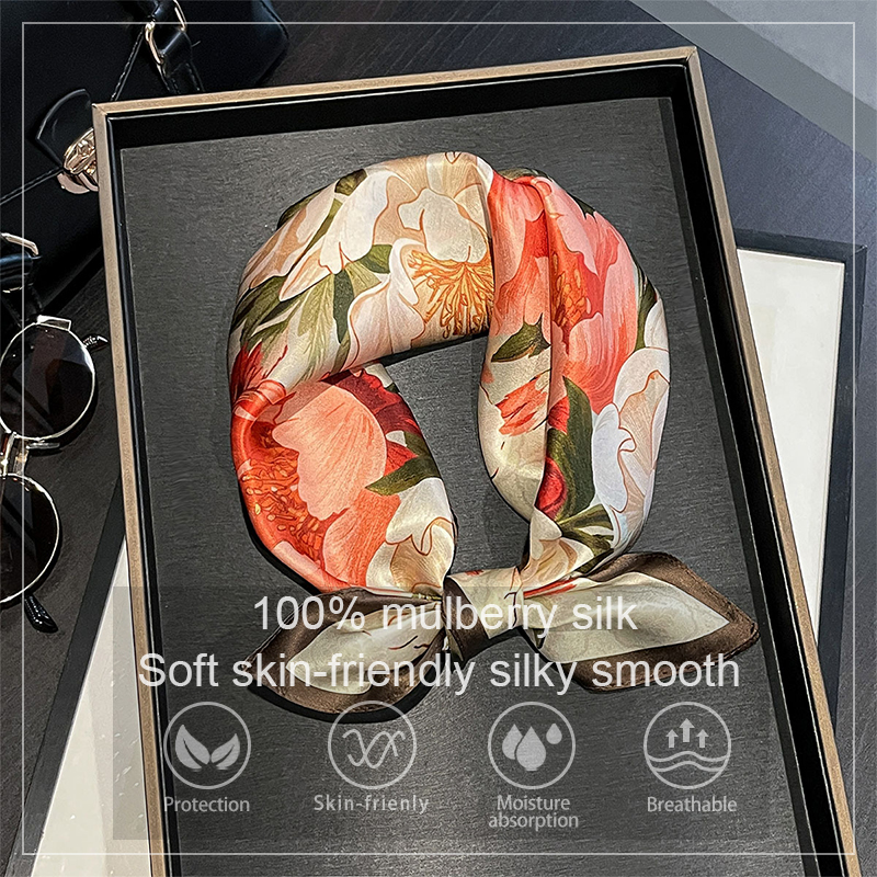 Écharpe en soie véritable 100% pour femmes, printemps 2026, bandana floral, châle, foulard en soie de mûrier, mouchoir, enveloppe féminine, 53 cm