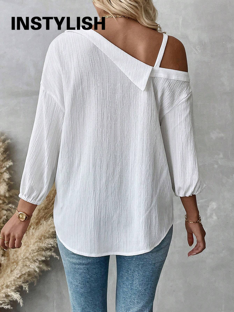 Chemise élégante pour femmes, épaules dénudées, trois quarts, chemisier sexy, décontracté, boutons unis, chemise ample, hauts de bureau pour femmes, streetwear, tuniques