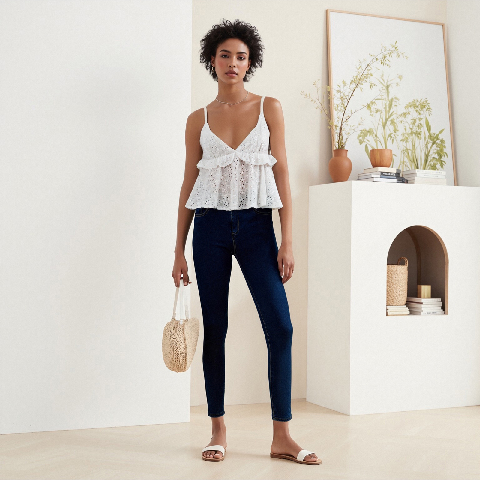 Débardeur Femme Col V à Bretelles Fines, Motif Floral Évidé, Dos Nu, Volants, Style Streetwear Estival