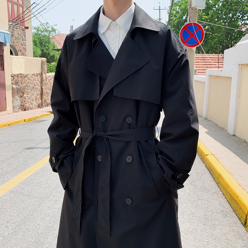 Manteau Trench Automne Style Coréen pour Homme 2025 – Coupe-Vent Streetwear Décontracté et Élégant pour Homme – Manteau Long Ample Uni pour Affaires et Loisirs