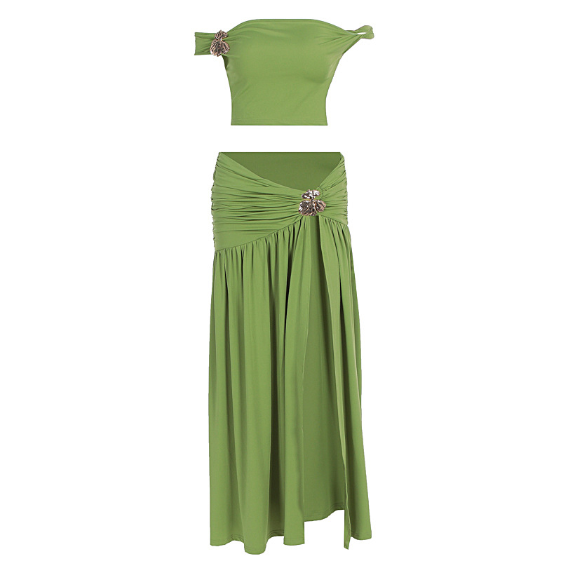 Ensemble jupe d'été pour femmes, fleur en métal, Sexy, épaules dénudées, haut court, fente haute, mode, dos nu, plissé, costumes 2 pièces