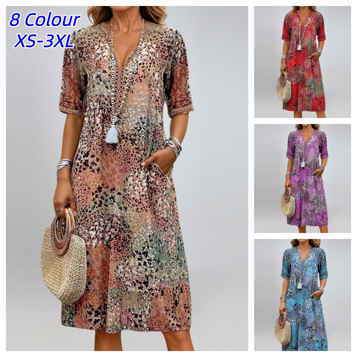 Robes vintage mi-longues à dentelle pour femmes, style bohème moderne, imprimé floral, robe longue décontractée à manches courtes et col en V, robe femme